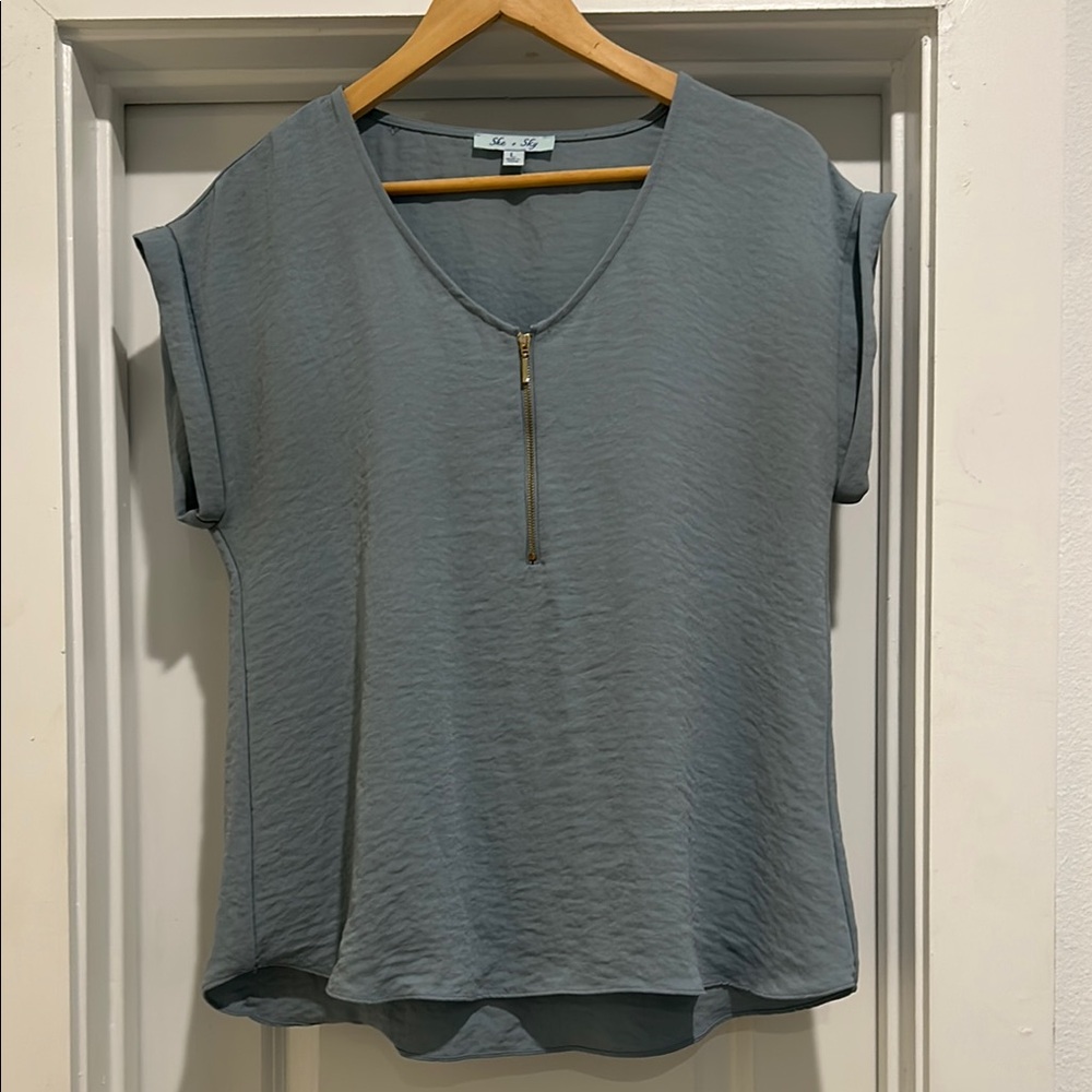 Light Teal V-Neck Top with Zipper Detail